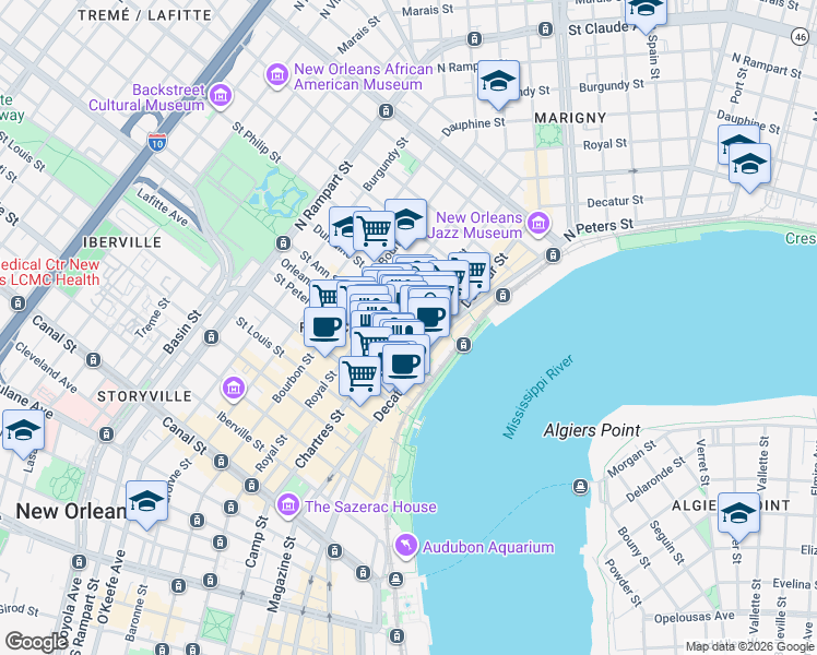 map of restaurants, bars, coffee shops, grocery stores, and more near 625 Saint Ann Street in New Orleans