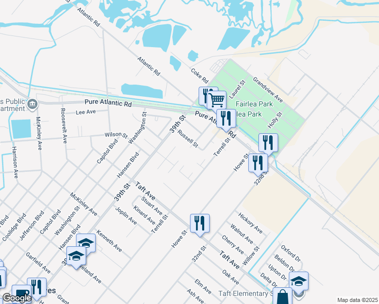 map of restaurants, bars, coffee shops, grocery stores, and more near 7100 Leonard Street in Groves