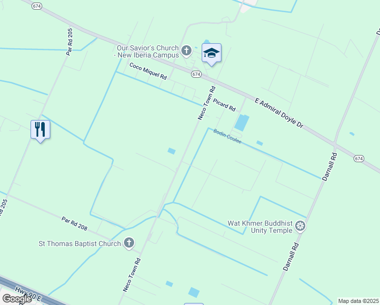 map of restaurants, bars, coffee shops, grocery stores, and more near 1717 Neco Town Road in New Iberia