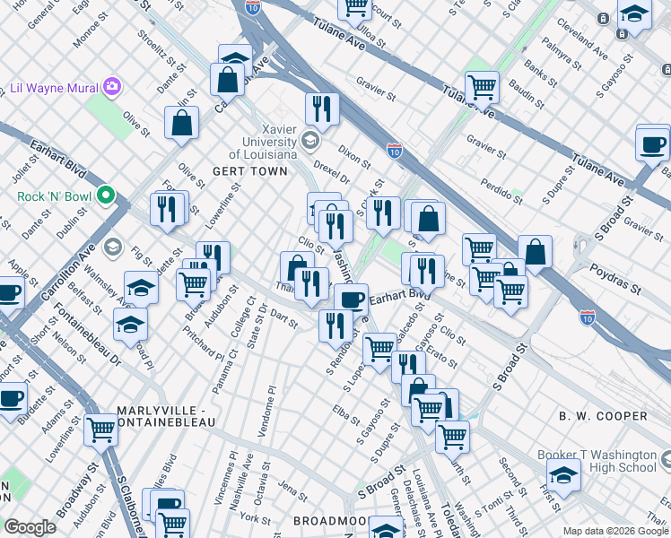 map of restaurants, bars, coffee shops, grocery stores, and more near 1199 South Norman C Francis Parkway in New Orleans