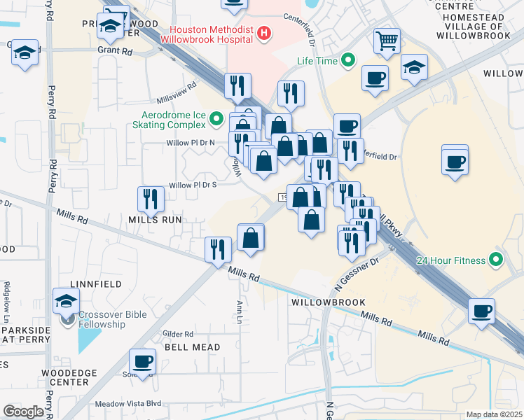 map of restaurants, bars, coffee shops, grocery stores, and more near 8300 Cypress Creek Parkway in Houston