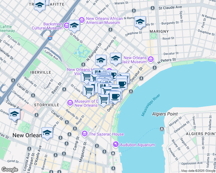 map of restaurants, bars, coffee shops, grocery stores, and more near in New Orleans