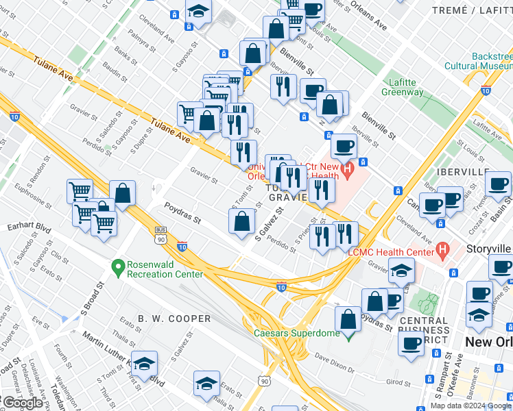 map of restaurants, bars, coffee shops, grocery stores, and more near 2300 Gravier Street in New Orleans