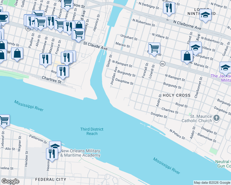 map of restaurants, bars, coffee shops, grocery stores, and more near 603 Deslonde Street in New Orleans