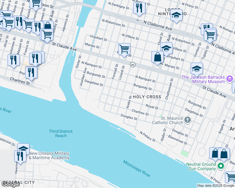 map of restaurants, bars, coffee shops, grocery stores, and more near 710 Egania Street in New Orleans