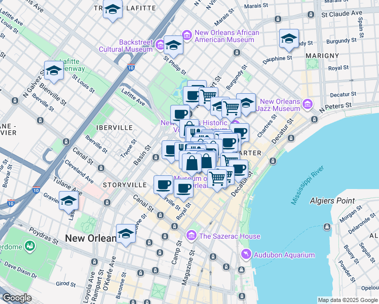 map of restaurants, bars, coffee shops, grocery stores, and more near 522 Dauphine Street in New Orleans