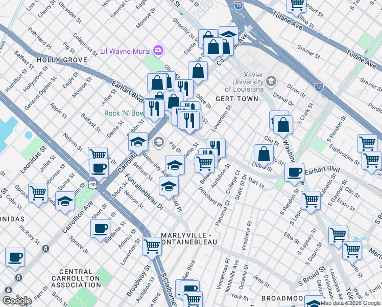 map of restaurants, bars, coffee shops, grocery stores, and more near 7302 Colapissa Street in New Orleans