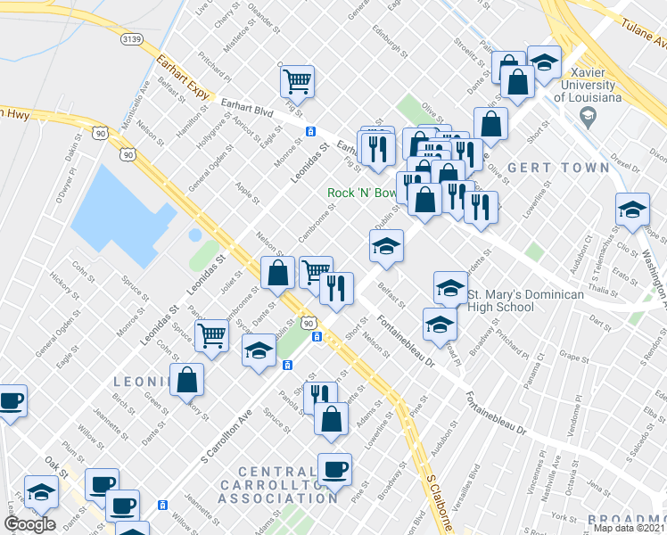 map of restaurants, bars, coffee shops, grocery stores, and more near 2539 Dublin Street in New Orleans