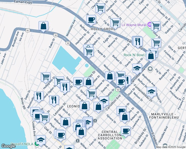 map of restaurants, bars, coffee shops, grocery stores, and more near 2209 Leonidas Street in New Orleans