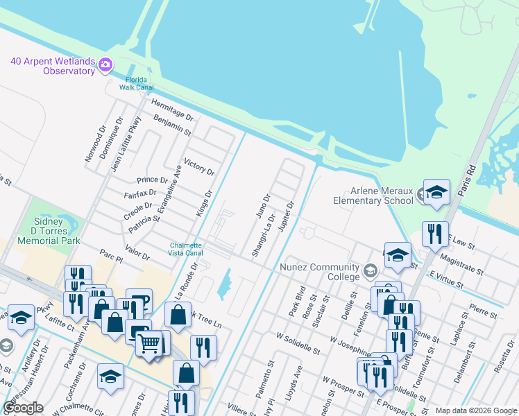 map of restaurants, bars, coffee shops, grocery stores, and more near 3820 Juno Drive in Chalmette