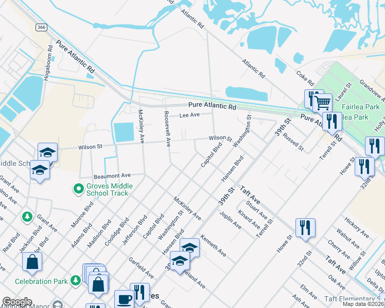 map of restaurants, bars, coffee shops, grocery stores, and more near 6845 Jefferson Boulevard in Groves