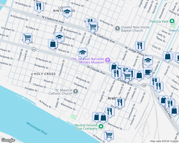 map of restaurants, bars, coffee shops, grocery stores, and more near 1012 Delery Street in New Orleans
