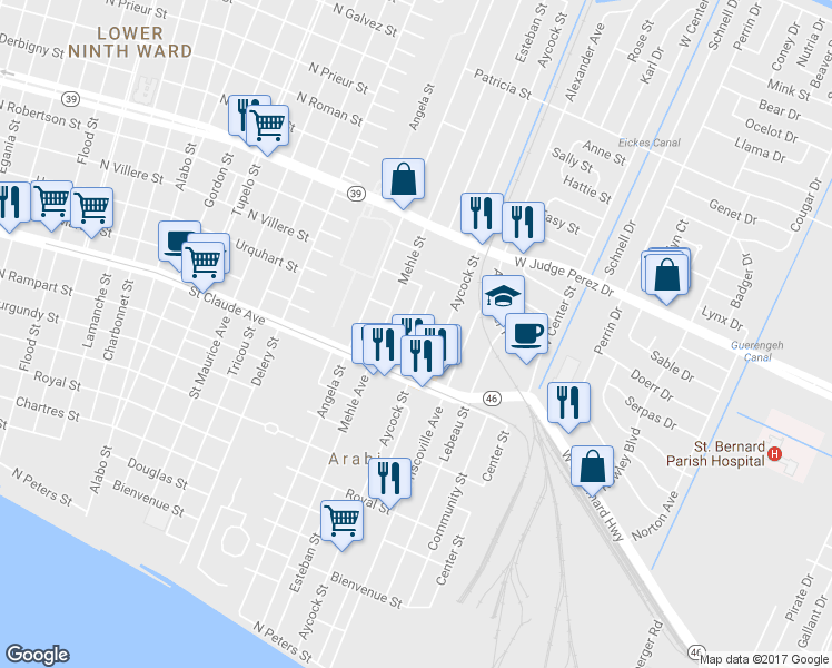 map of restaurants, bars, coffee shops, grocery stores, and more near 10 Pamela Place in Arabi
