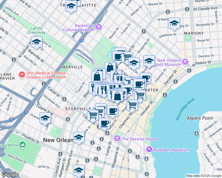 map of restaurants, bars, coffee shops, grocery stores, and more near 430 Burgundy Street in New Orleans
