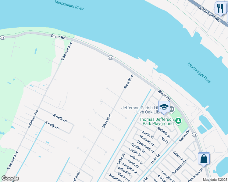 map of restaurants, bars, coffee shops, grocery stores, and more near Rivet Blvd in Westwego