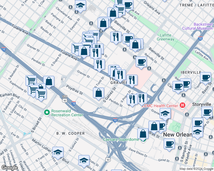 map of restaurants, bars, coffee shops, grocery stores, and more near 2235 Gravier Street in New Orleans