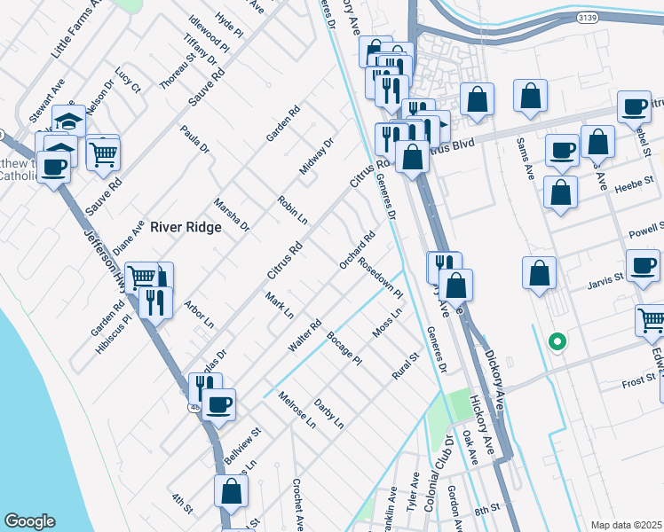 map of restaurants, bars, coffee shops, grocery stores, and more near 9404 Citrus Lane in River Ridge