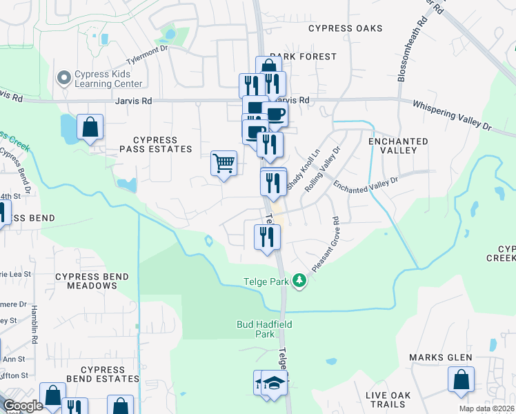 map of restaurants, bars, coffee shops, grocery stores, and more near 12603 Telge Road in Cypress