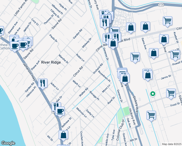map of restaurants, bars, coffee shops, grocery stores, and more near 9404 Citrus Lane in River Ridge