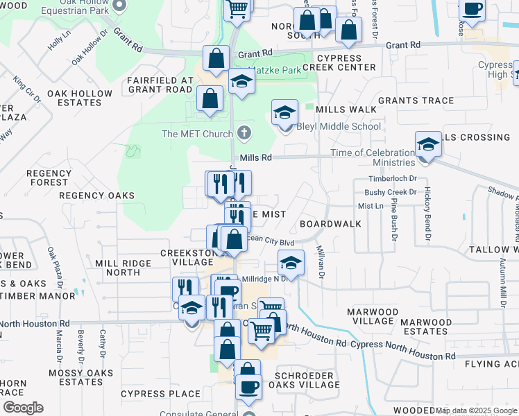 map of restaurants, bars, coffee shops, grocery stores, and more near 10901 Mist Lane in Houston