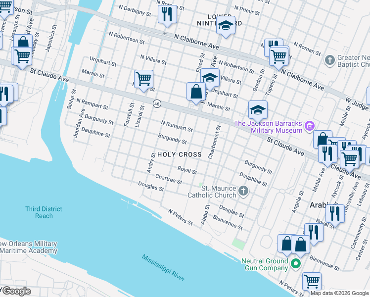map of restaurants, bars, coffee shops, grocery stores, and more near 5605 Dauphine Street in New Orleans