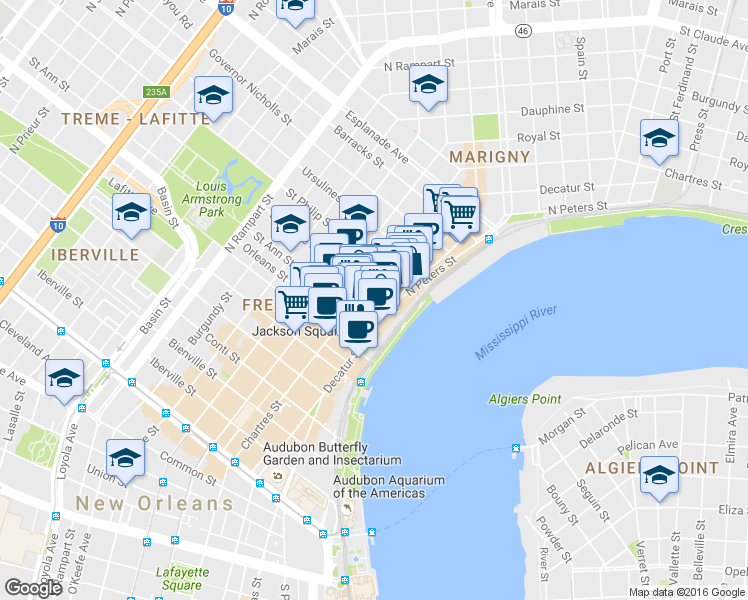 map of restaurants, bars, coffee shops, grocery stores, and more near 820 Decatur Street in New Orleans