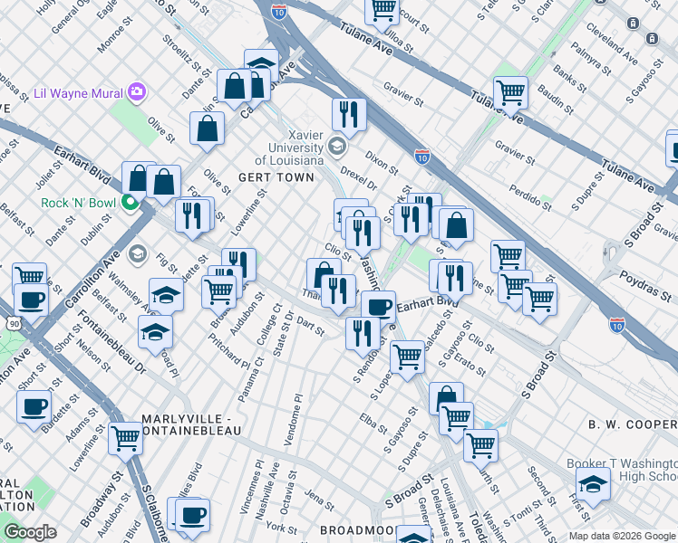 map of restaurants, bars, coffee shops, grocery stores, and more near 1316 South Genois Street in New Orleans