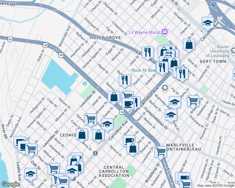 map of restaurants, bars, coffee shops, grocery stores, and more near 8238 Nelson Street in New Orleans