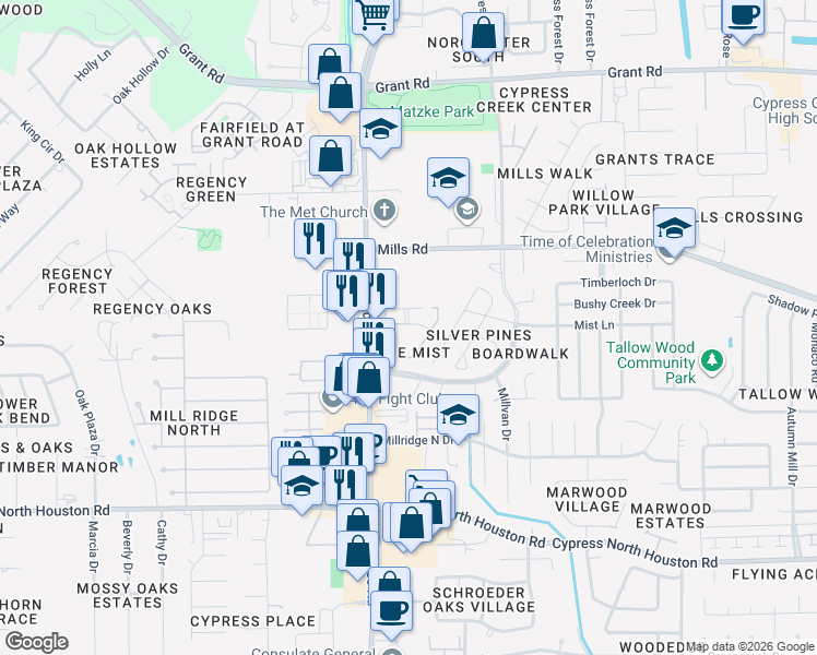 map of restaurants, bars, coffee shops, grocery stores, and more near 10901 Mist Lane in Houston