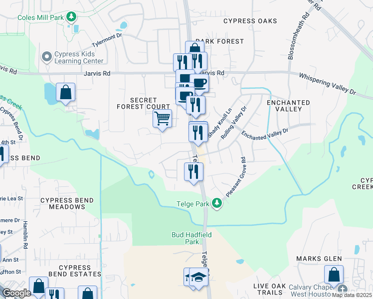 map of restaurants, bars, coffee shops, grocery stores, and more near 12603 Telge Road in Cypress