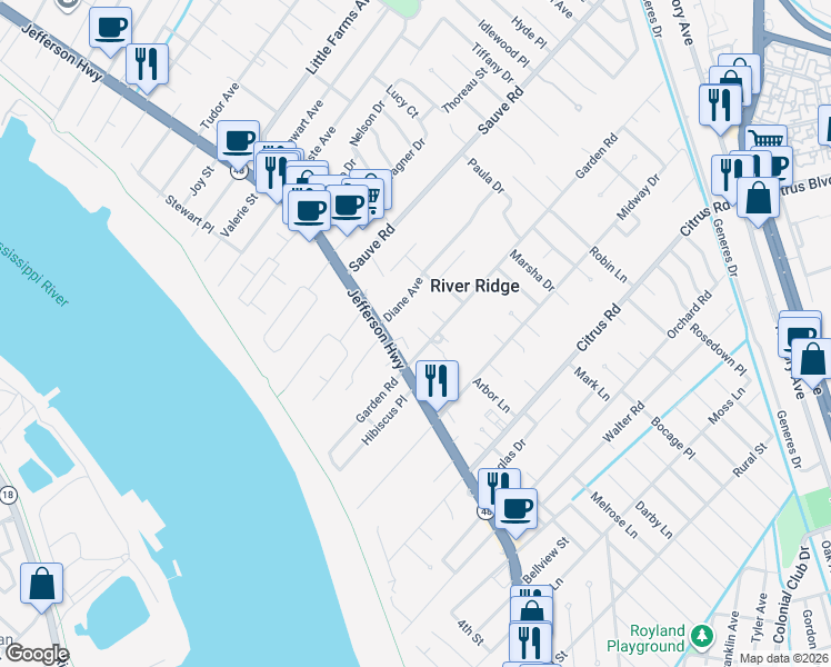 map of restaurants, bars, coffee shops, grocery stores, and more near 208 Garden Road in River Ridge