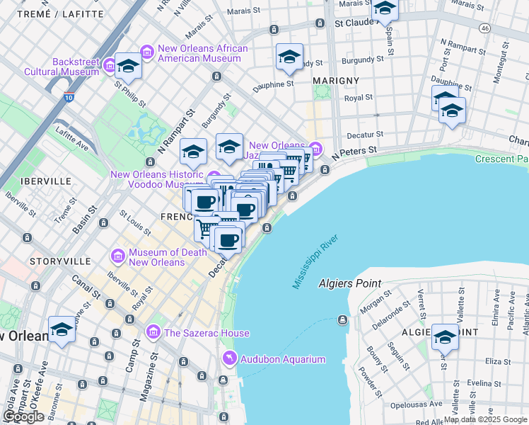map of restaurants, bars, coffee shops, grocery stores, and more near 820 Decatur Street in New Orleans