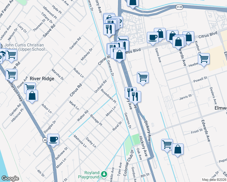 map of restaurants, bars, coffee shops, grocery stores, and more near 9177 Rosedown Place in River Ridge