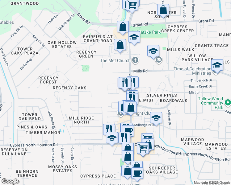 map of restaurants, bars, coffee shops, grocery stores, and more near 11111 Saathoff Dr in Cypress