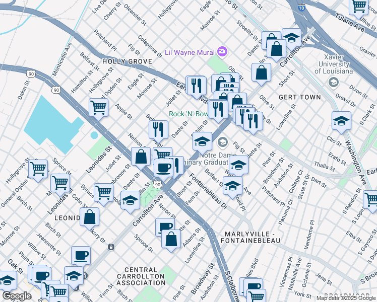 map of restaurants, bars, coffee shops, grocery stores, and more near 2622 South Carrollton Avenue in New Orleans