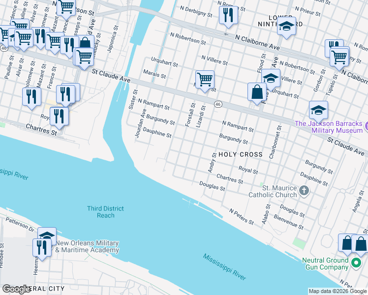 map of restaurants, bars, coffee shops, grocery stores, and more near 5110 Royal Street in New Orleans