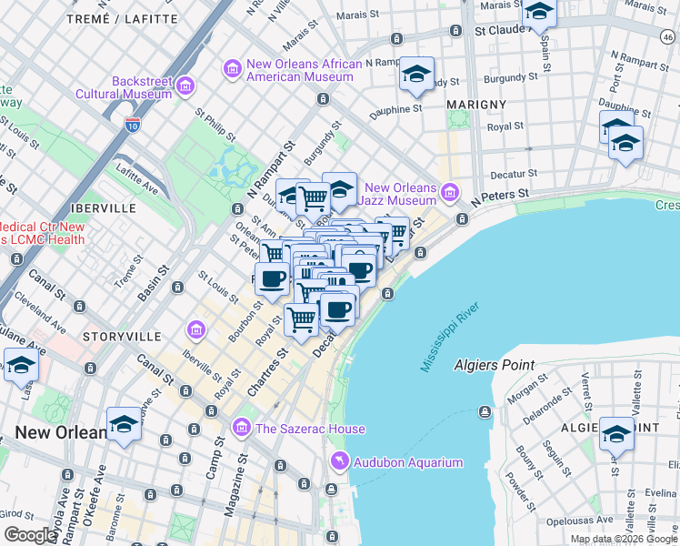 map of restaurants, bars, coffee shops, grocery stores, and more near 625 Saint Ann Street in New Orleans