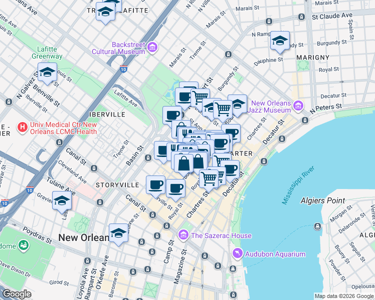 map of restaurants, bars, coffee shops, grocery stores, and more near 522 Dauphine Street in New Orleans