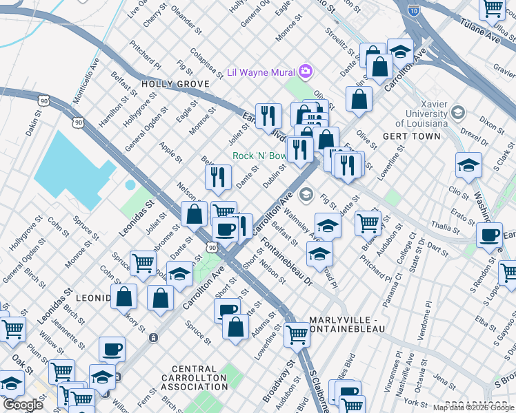map of restaurants, bars, coffee shops, grocery stores, and more near 2622 South Carrollton Avenue in New Orleans