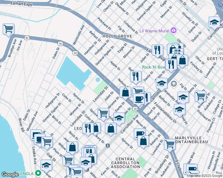 map of restaurants, bars, coffee shops, grocery stores, and more near 2309 Joliet Street in New Orleans