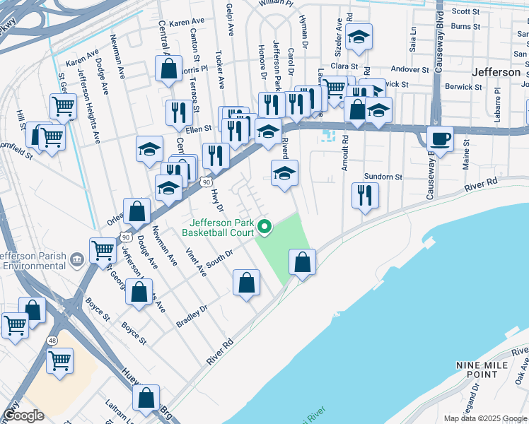 map of restaurants, bars, coffee shops, grocery stores, and more near 10 Williams Avenue in Jefferson