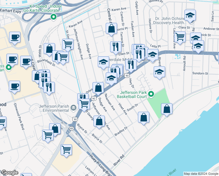 map of restaurants, bars, coffee shops, grocery stores, and more near 4440 Jefferson Highway in Jefferson