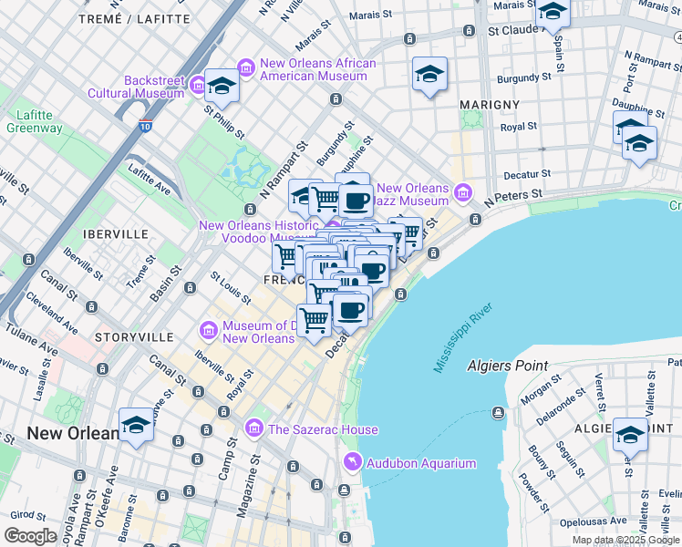 map of restaurants, bars, coffee shops, grocery stores, and more near 625 Saint Ann Street in New Orleans