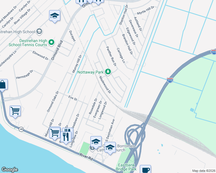 map of restaurants, bars, coffee shops, grocery stores, and more near 318 Madewood Drive in Destrehan