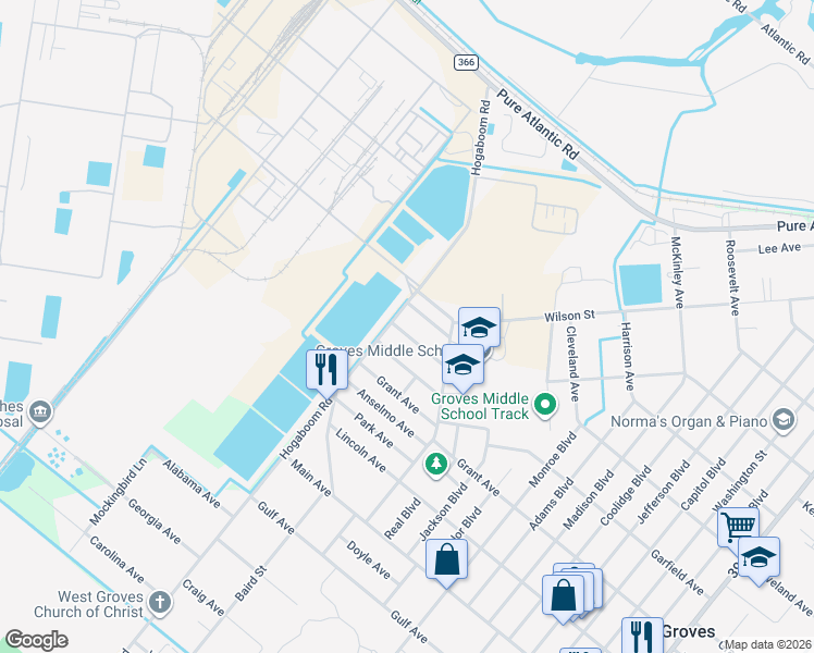 map of restaurants, bars, coffee shops, grocery stores, and more near 5510 Garfield Avenue in Groves
