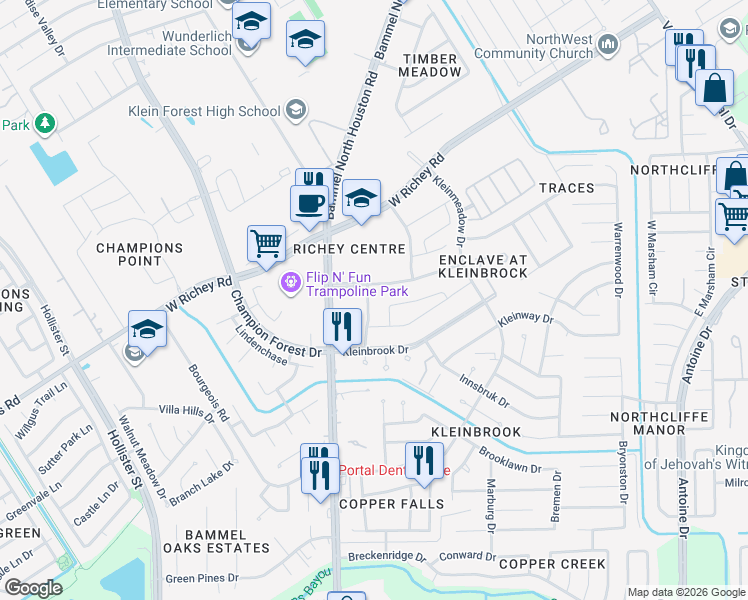map of restaurants, bars, coffee shops, grocery stores, and more near 12311 Summer Orchard Drive in Houston