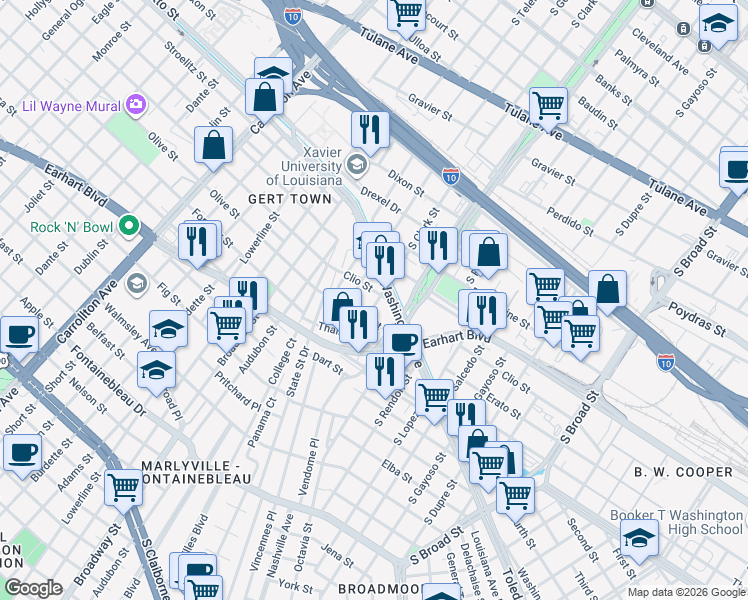map of restaurants, bars, coffee shops, grocery stores, and more near 1199 South Norman C Francis Parkway in New Orleans