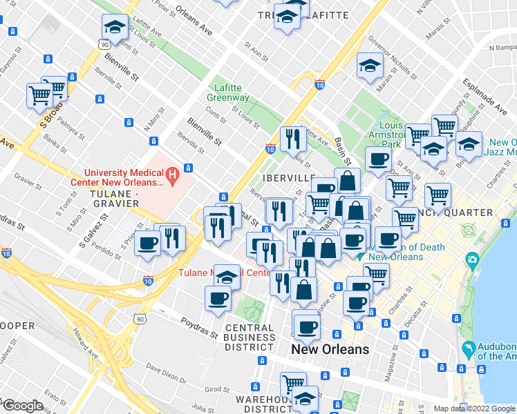 map of restaurants, bars, coffee shops, grocery stores, and more near 1576 Canal Street in New Orleans