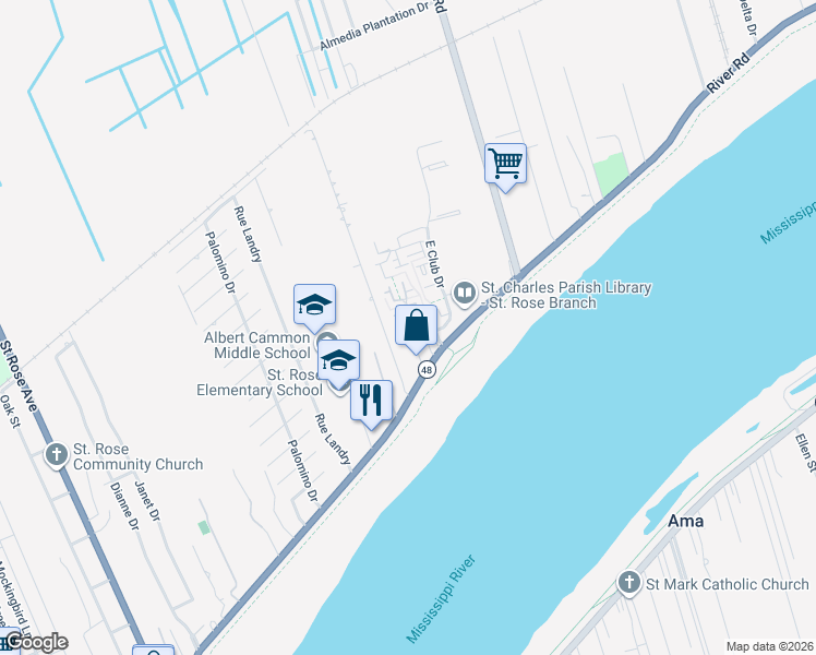 map of restaurants, bars, coffee shops, grocery stores, and more near 101 West Club Drive in Saint Rose