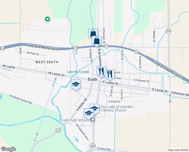 map of restaurants, bars, coffee shops, grocery stores, and more near in Erath
